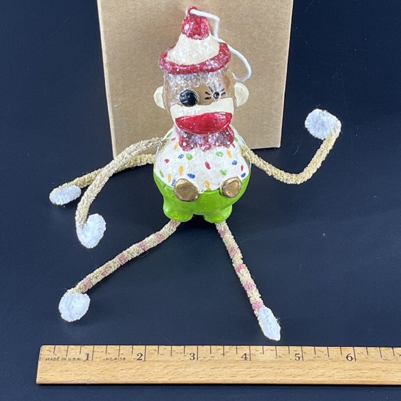 Penny McAllister Clown Sock Monkey Christmas Tree Ornament Yellow Red Polka Dots - Picture 6 of 16